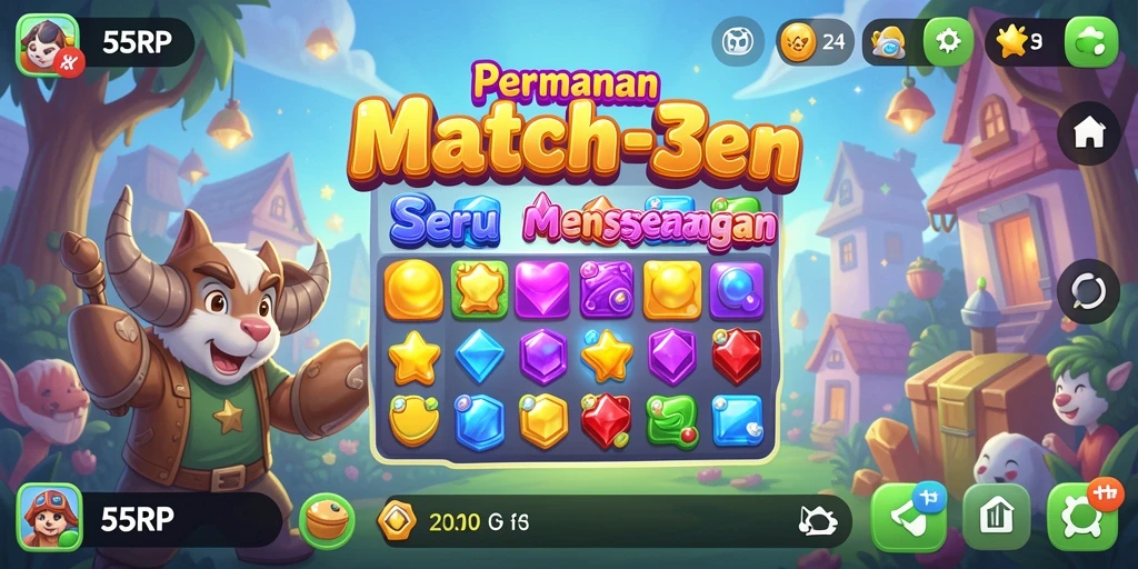 Tampilan menarik gameplay Match-3 di 55RP dengan warna-warni berkilau.