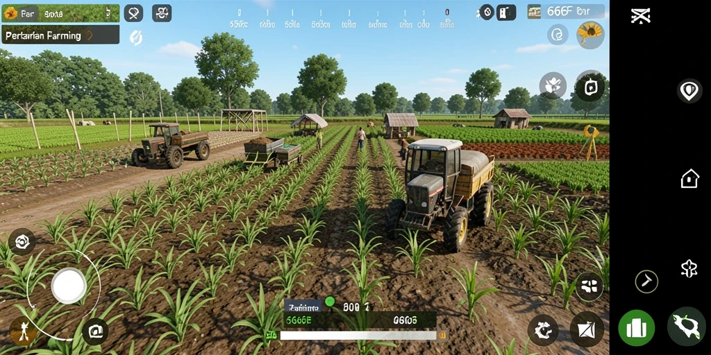 Tangkapan layar gameplay 666F yang menunjukkan pertanian yang subur dan aktivitas berbasis ladang.