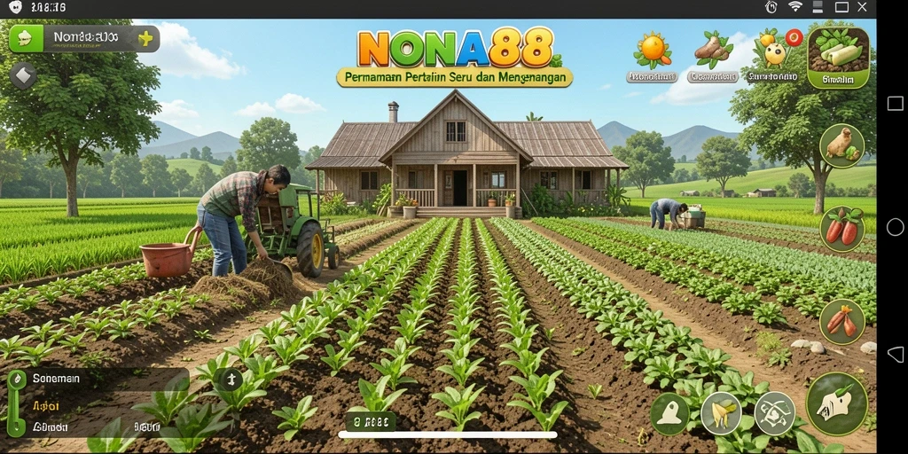 Screenshot gameplay NONA88, menampilkan kebun yang penuh dengan tanaman.