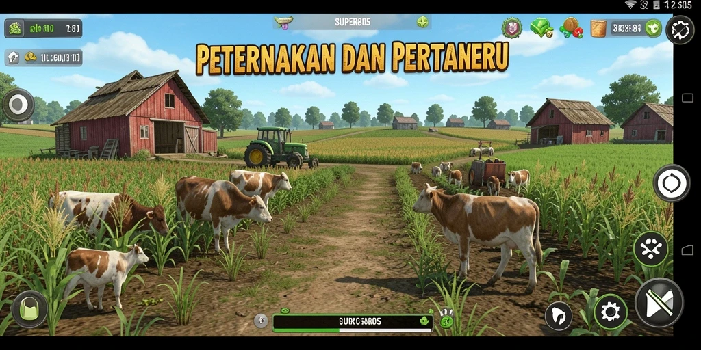 Tangkapan layar gameplay SUPER805 yang menunjukkan aktivitas pertanian.
